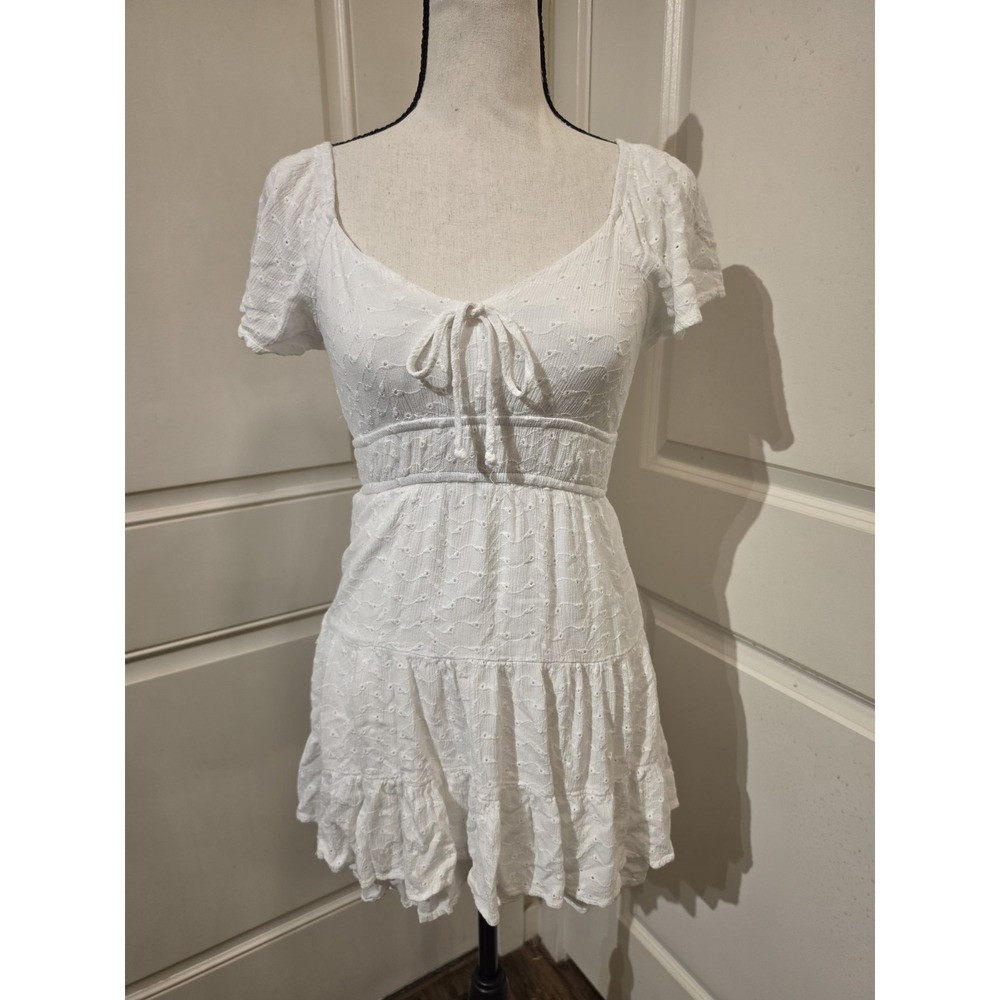 Cottagecore White Eyelet Mini Dress Milkmaid Tiered Ruffle Boho Summer Small